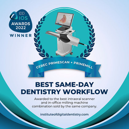 03 Best Same-Day Dentistry Workflow-CEREC Primescan and Primemill-Social-IOS Intraoral Scanner Awards 2022 by the Institute of Digital Dentistry