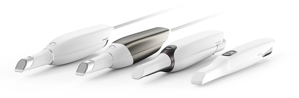 TRIOS 5 TRIOS 4 TRIOS 3 TRIOS CoE intraoral scanners lined up