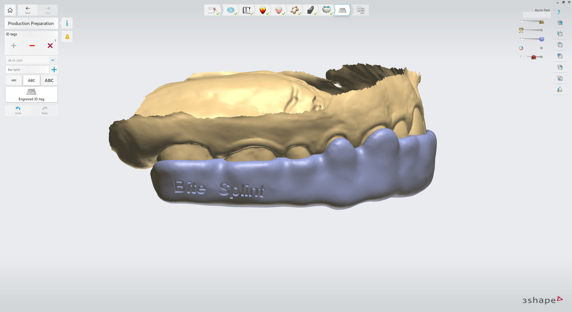 3shape-intraoral-trios-scan-bite-splint-idd-institute-of-digital-dentistry-blog-byron-park-splint-studio-engraved-tag